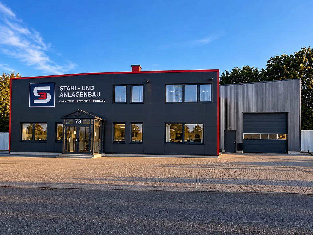 Außenansicht eines Gebäudes mit S3-Firmenzeichen und angrenzender Halle