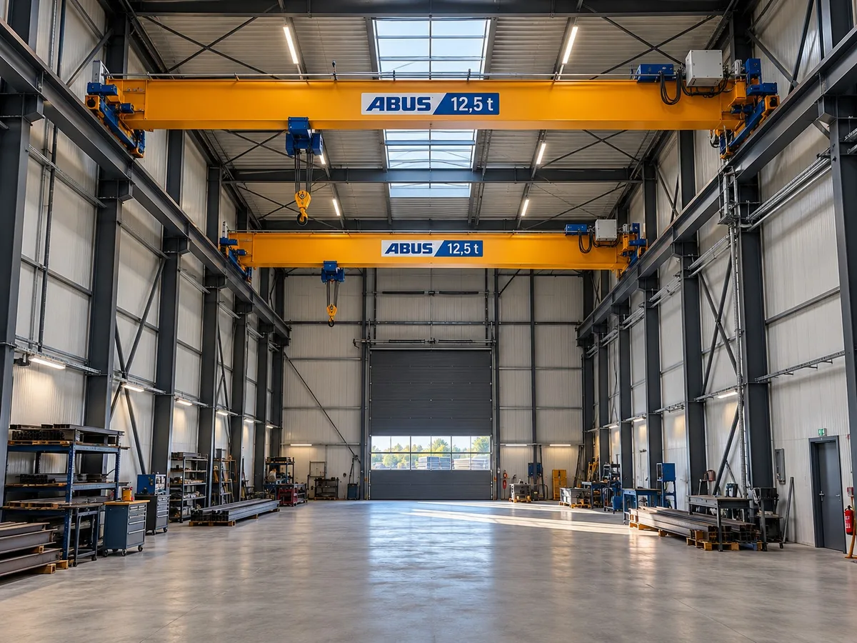 Blick in eine Halle mit Stahltragwerk und gelben Brückenkranen